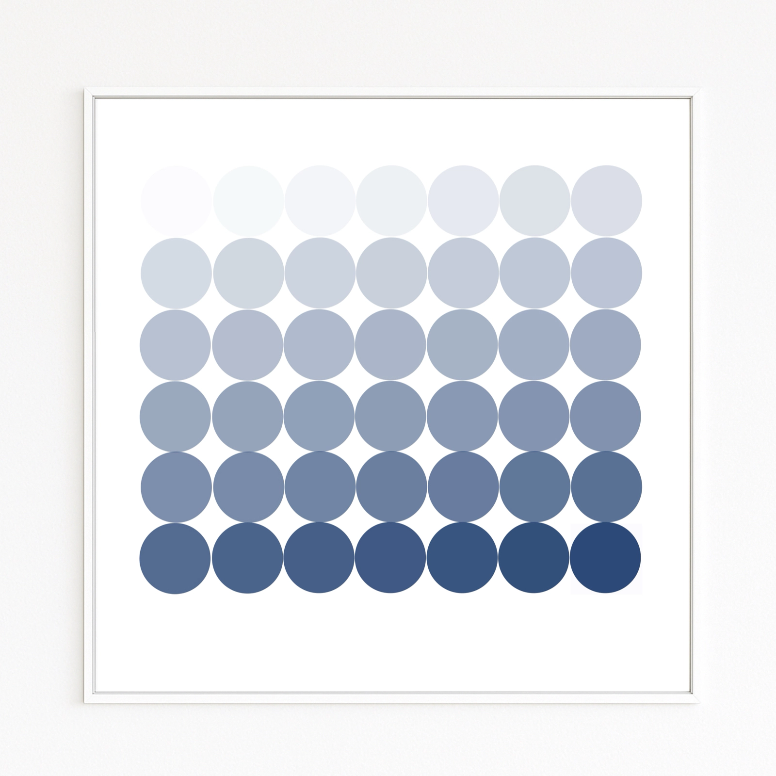 APPEARANCE. Eight rows of circles from white to deep blue in a grid. Minimalist gradient, art series with over 300 works.