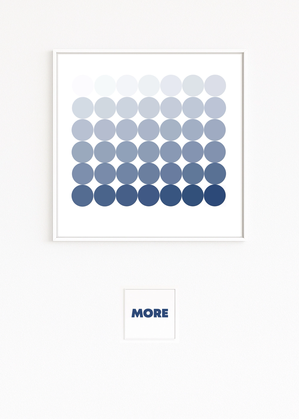 APPEARANCE. Eight rows of circles from white to deep blue in a grid. Minimalist gradient, art series with over 300 works.
