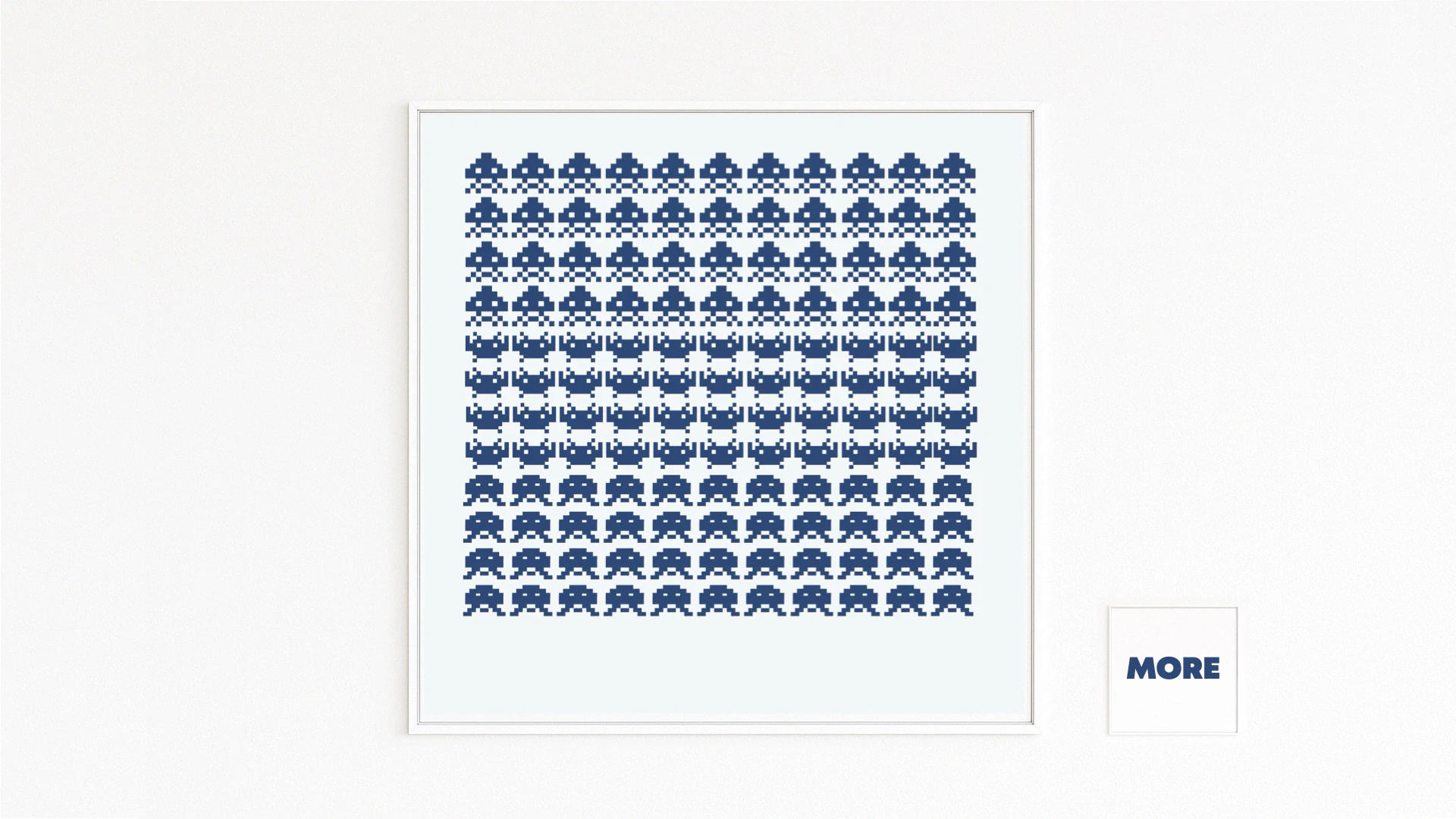 INVASION Grid of blue 8-bit Space Invaders icons in a square; pixel rows paying homage to early video games. Framed modern Fine Art Print. Online Store buy direct. Highly collectible art.