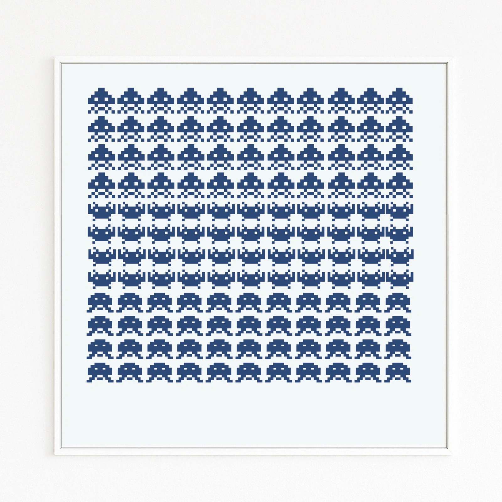 INVASION Grid of blue 8-bit Space Invaders icons in a square; pixel rows paying homage to early video games. Framed modern Fine Art Print. Online Store buy direct. Highly collectible art.