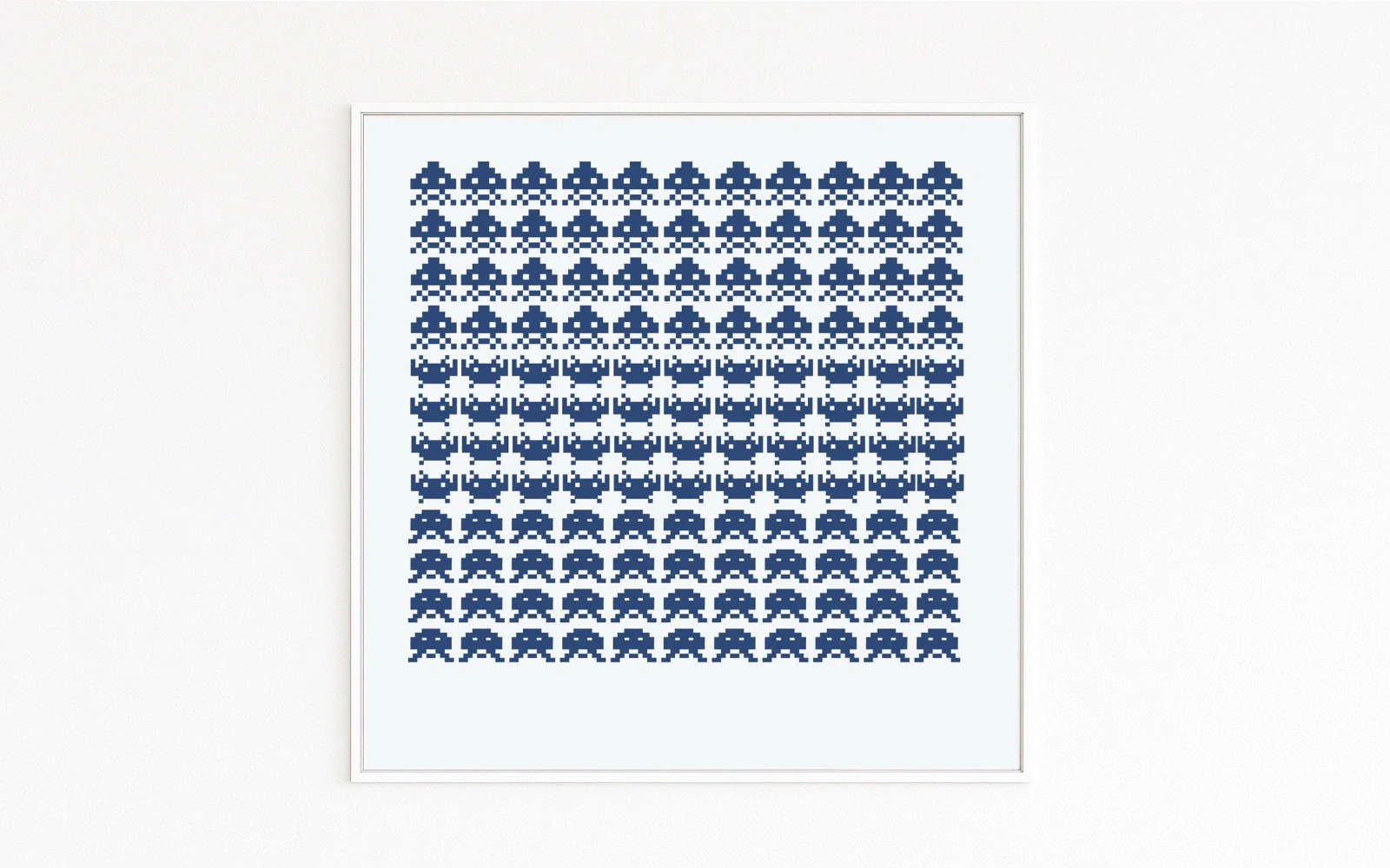 INVASION Grid of blue 8-bit Space Invaders icons in a square; pixel rows paying homage to early video games. Framed modern Fine Art Print. Online Store buy direct. Highly collectible art.