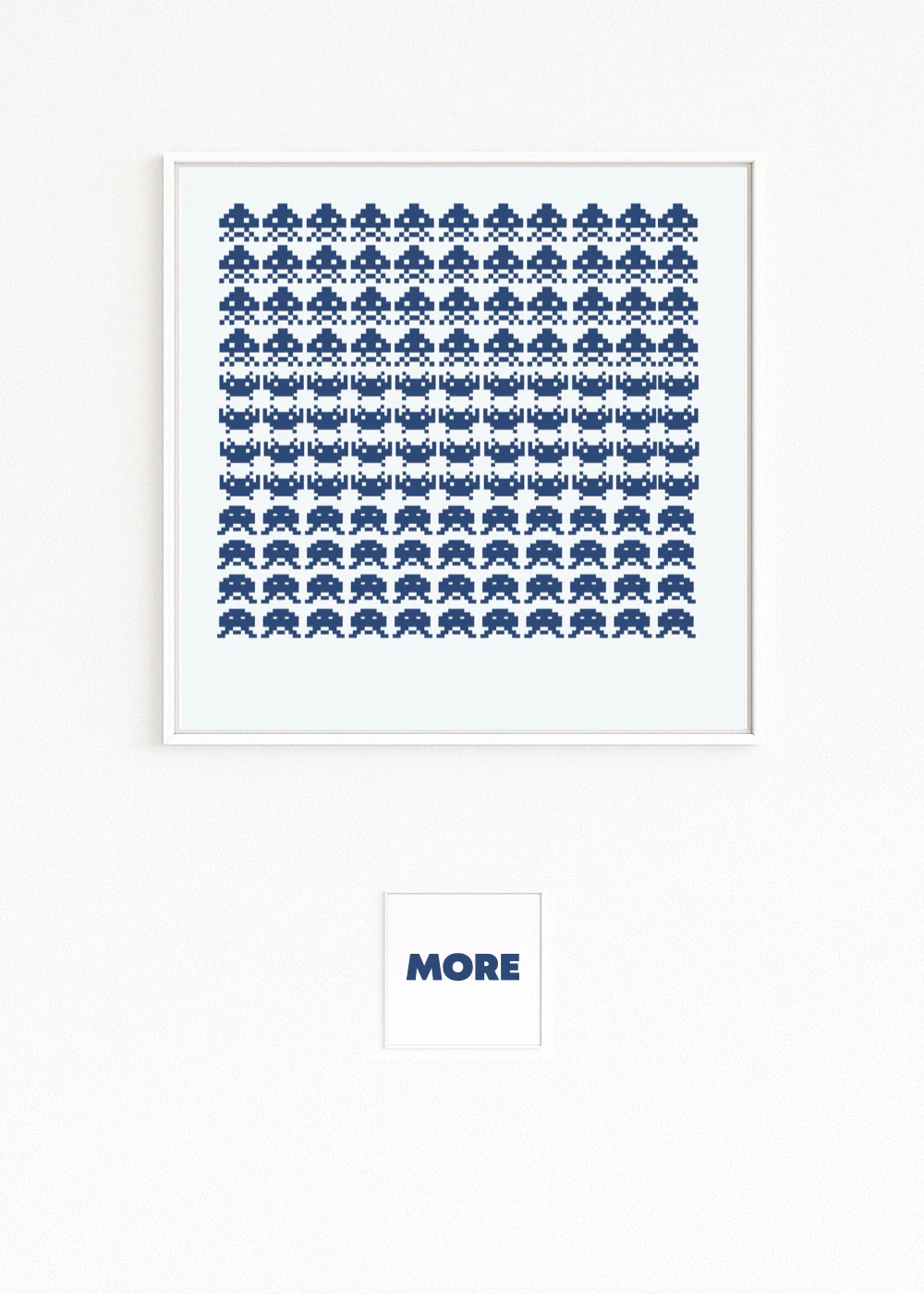 INVASION Grid of blue 8-bit Space Invaders icons in a square; pixel rows paying homage to early video games. Framed modern Fine Art Print. Online Store buy direct. Highly collectible art.