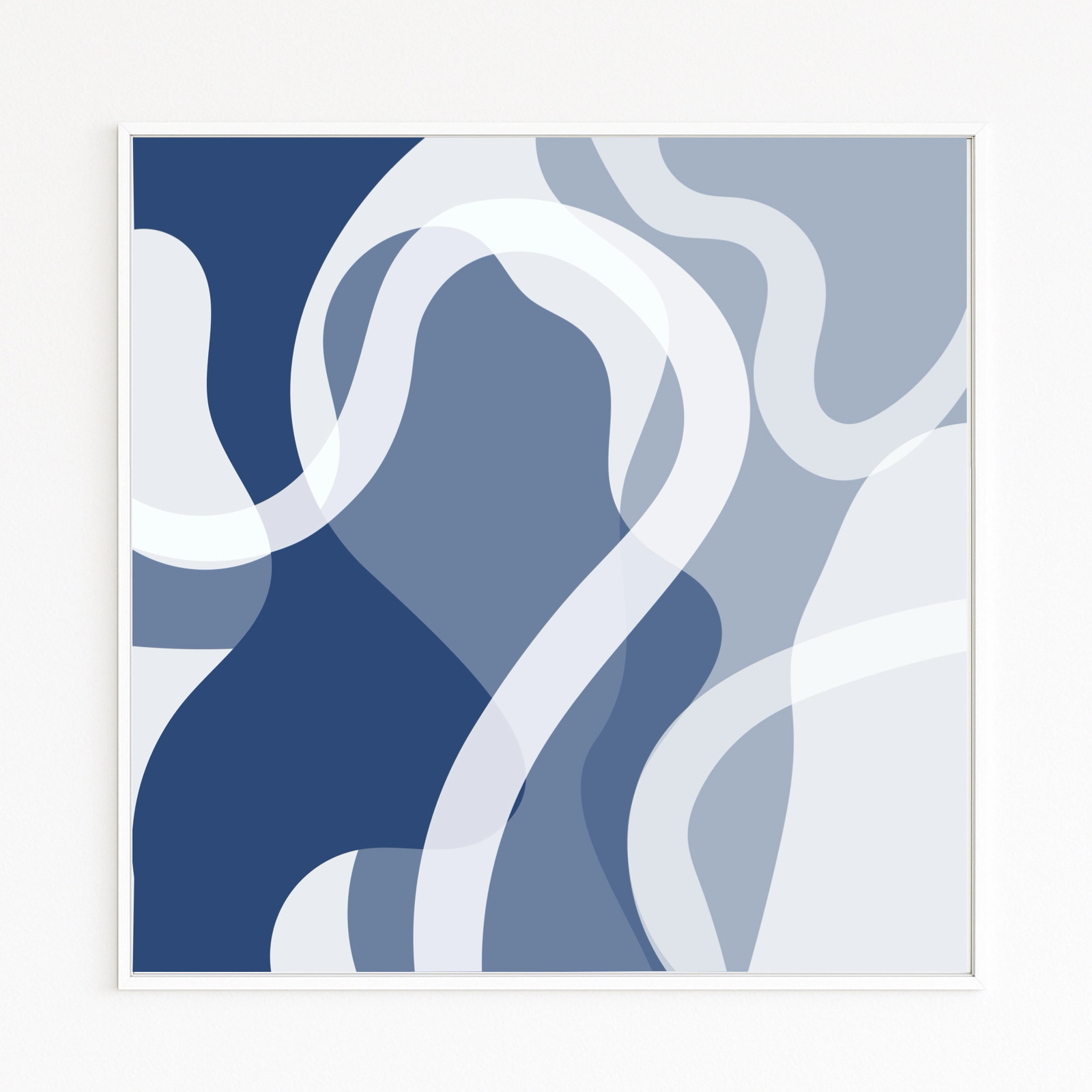 RIVER COURSE, Abstract, organic river forms in blue and white with intertwined lines and depth; Hahnemühle/Alu-Dibond fine art print, white framed.
