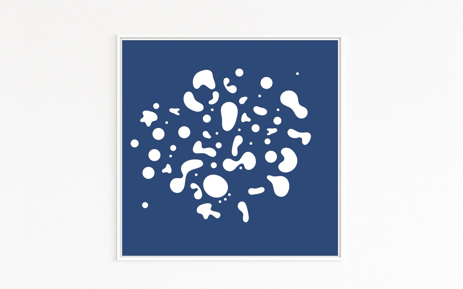 DROPS: white, organic drops/splashes on deep-blue ground, minimalist and graphic; fine-art print on Hahnemühle, Alu-Dibond, white frame with shadow gap. Only Online.