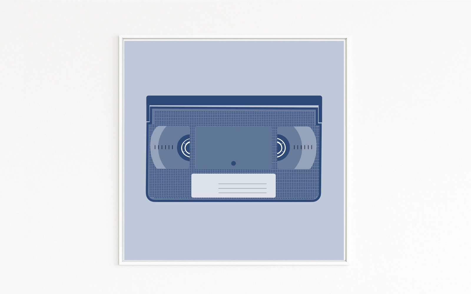 264-vhs-90s-videotape-pop-culture-blue-fine-art-print-online-webshop-content VHS: stylised blue videotape in 90s style, precisely reduced with grid textures; video-rental nostalgia. Hahnemühle Fine Art Print, mounted on Alu-Dibond, white frame with shadow gap. Online only.