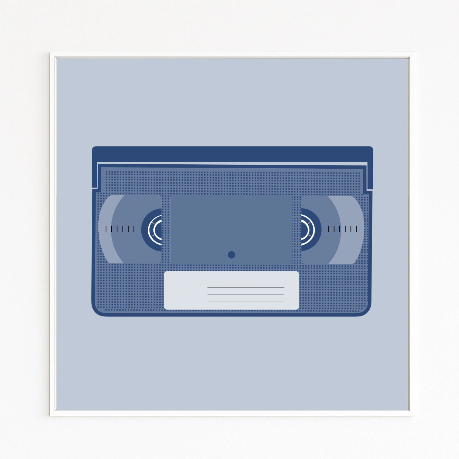 264-vhs-90s-videotape-pop-culture-blue-fine-art-print-online-webshop-content-small VHS: stylised blue videotape in 90s style, precisely reduced with grid textures; video-rental nostalgia. Hahnemühle Fine Art Print, mounted on Alu-Dibond, white frame with shadow gap. Online only.
