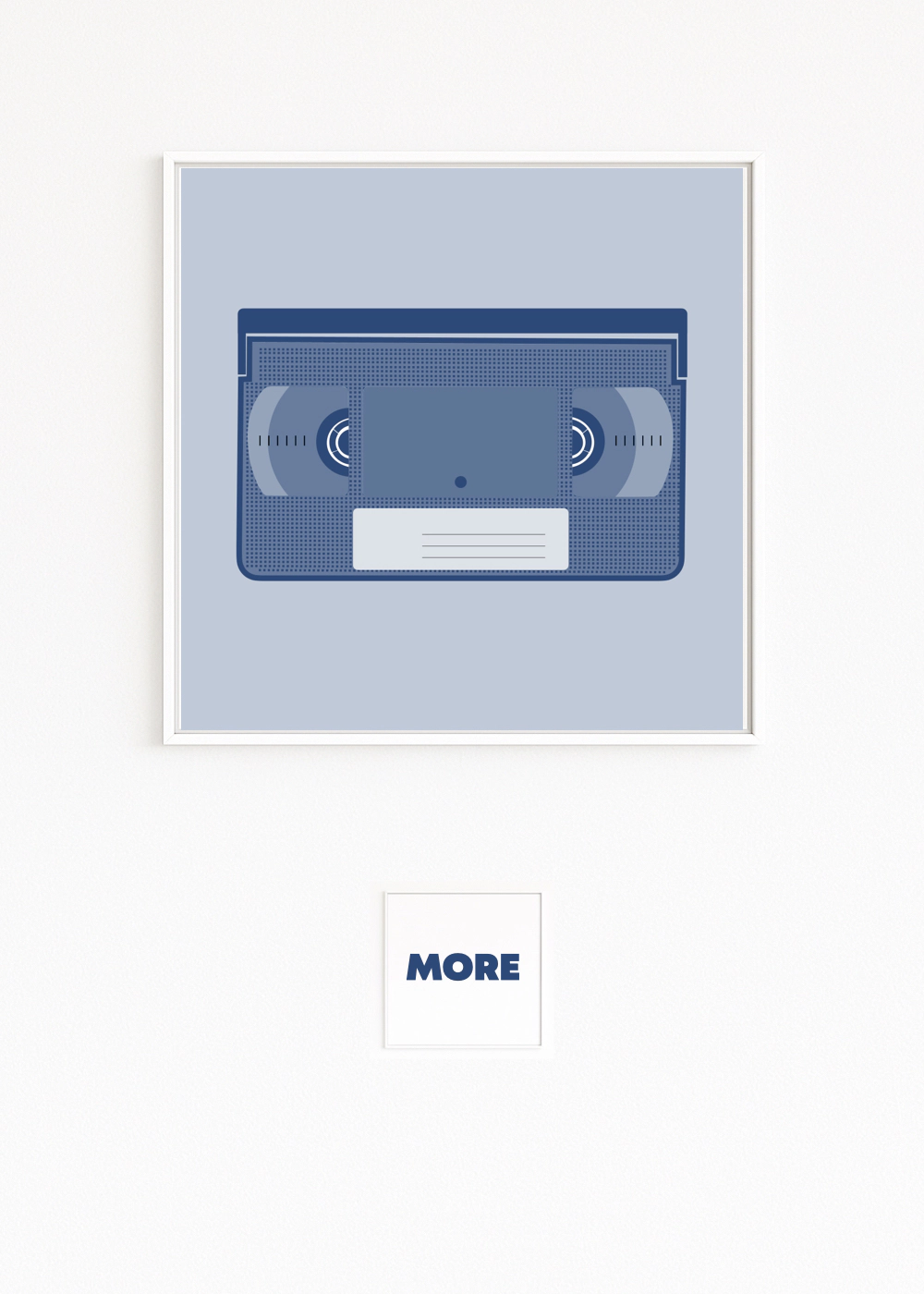 VHS: stylised blue videotape in 90s style, precisely reduced with grid textures; video-rental nostalgia. Hahnemühle Fine Art Print, mounted on Alu-Dibond, white frame with shadow gap. Online only.