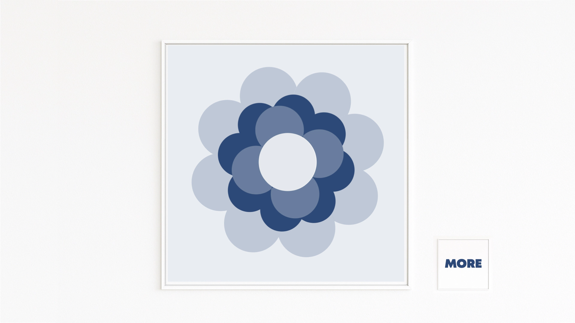 PRIL FLOWER: stylised 1970s retro flower in blue tones with bright center, graphically reduced. Pop culture, nostalgia, design icon as Hahnemühle Fine Art Print, mounted on Alu-Dibond, white frame with shadow gap.