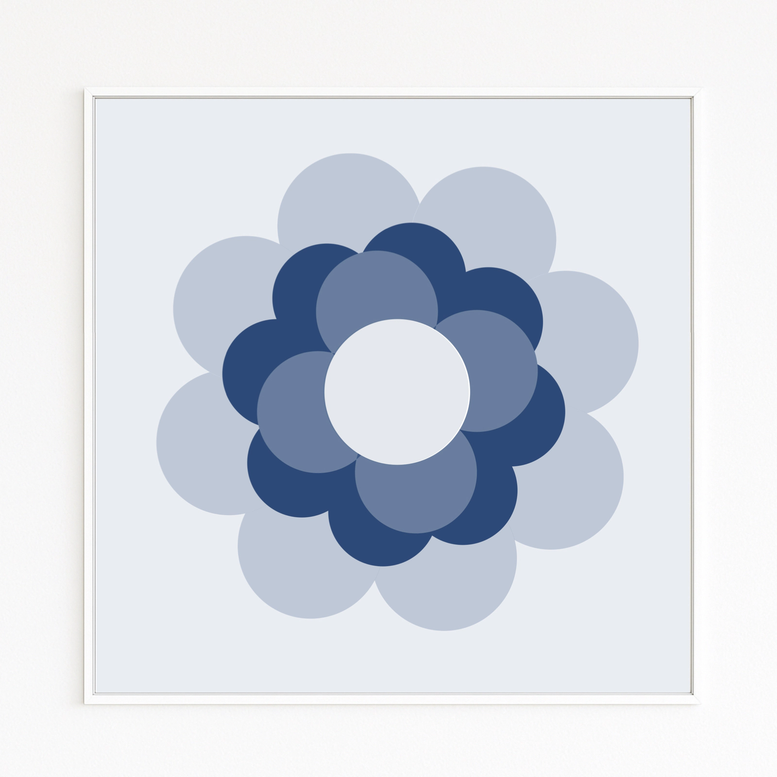 PRIL FLOWER: stylised 1970s retro flower in blue tones with bright center, graphically reduced. Pop culture, nostalgia, design icon as Hahnemühle Fine Art Print, mounted on Alu-Dibond, white frame with shadow gap.