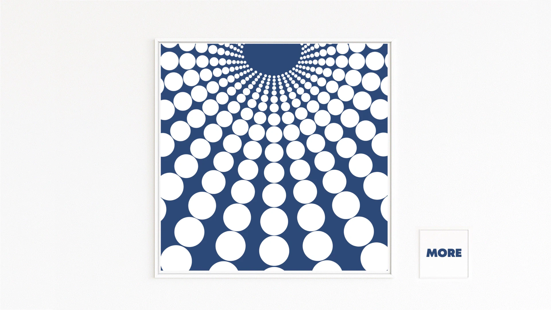 SPEKTRUM konzentrische Reihen weißer Kreise auf tiefblauem Grund mit starker Sogwirkung/ Raumtiefe. Fine-Art-Print auf Hahnemühle, Alu-Dibond, weiß gerahmt mit Schattenfuge