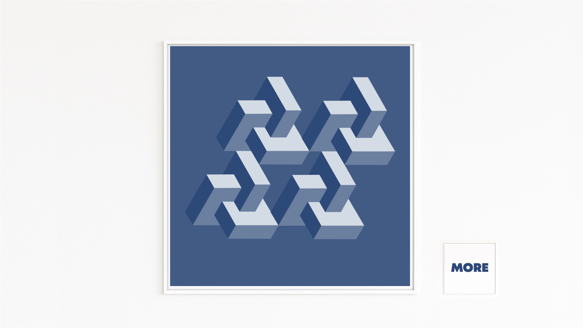 FLIEGENDE OBJEKTE erschränkte, schwebende 3D-Balken in Blautönen mit langen Schatten, Escher-Anmutung. Fine-Art-Print auf Hahnemühle, Alu-Dibond, weiß gerahmt mit Schattenfuge.