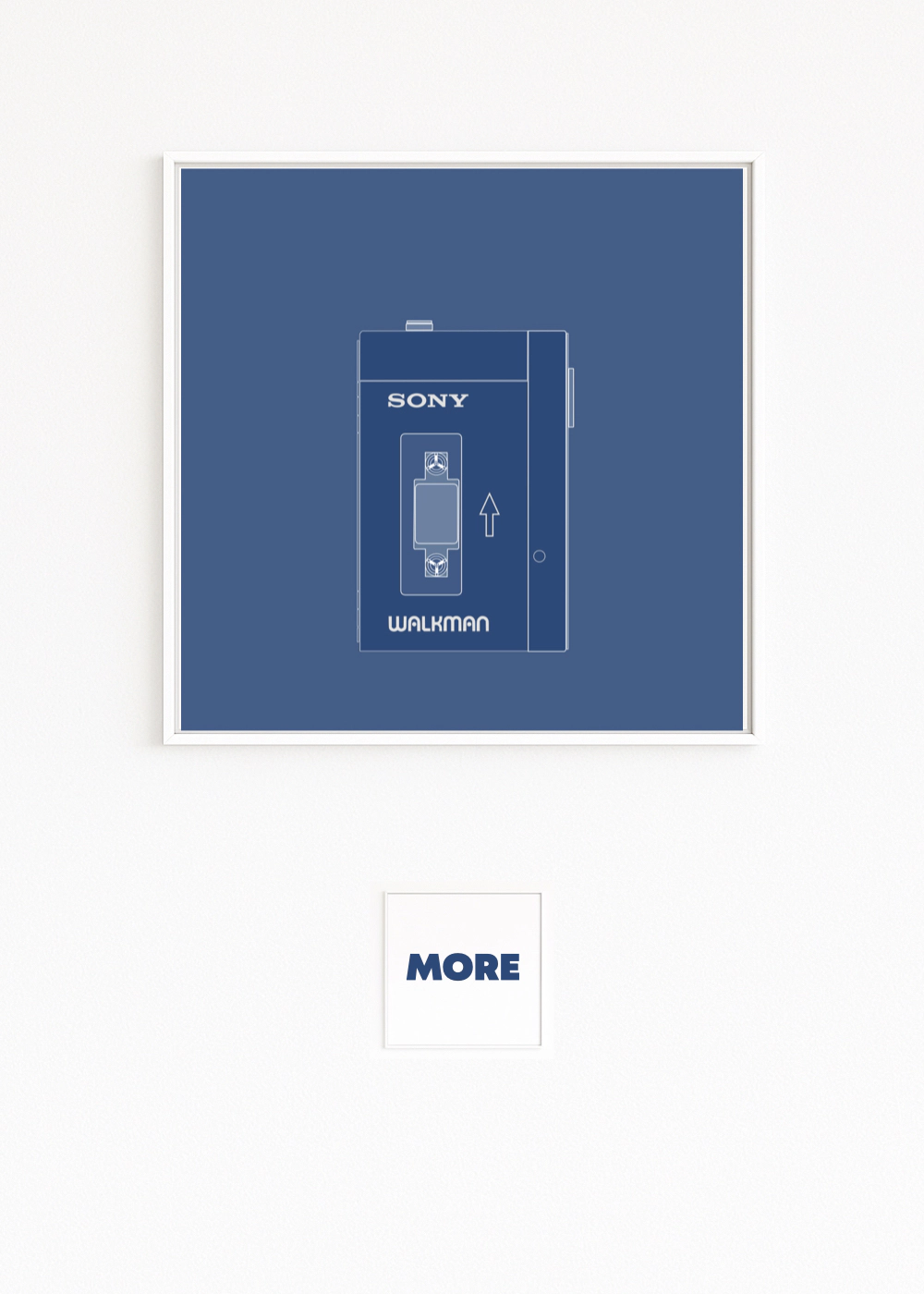 Minimalist WALKMAN line drawing in blue; 1980s portable cassette player; retro design as a high-quality Fine Art Print. Buy Online direct