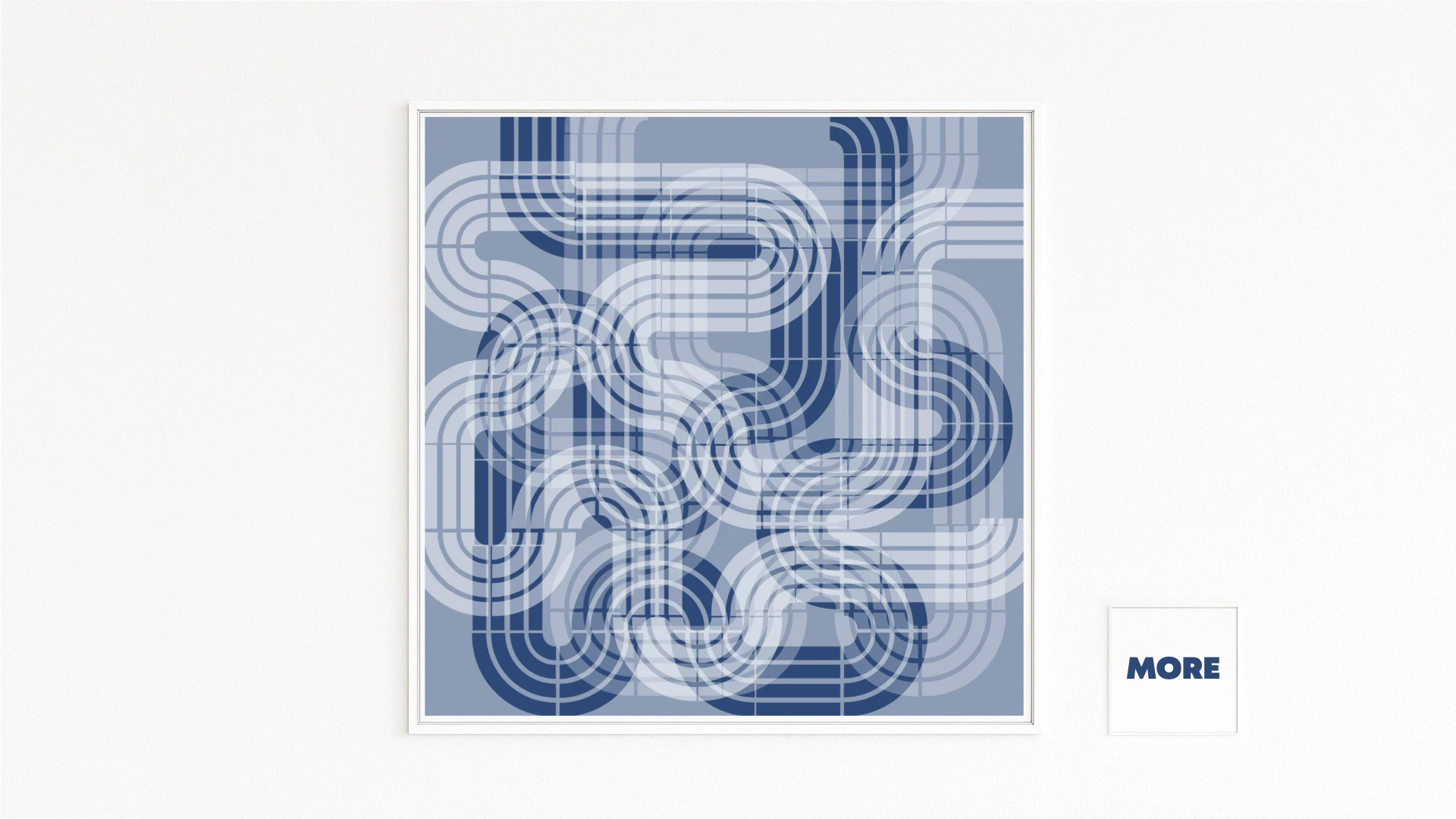 Abstraktes Kunstwerk RACE, überlagerte, geschwungene Bahnen und Kurven in Blautönen mit Raster, Dynamik, Geschwindigkeit und Flow als Fine-Art-Print.