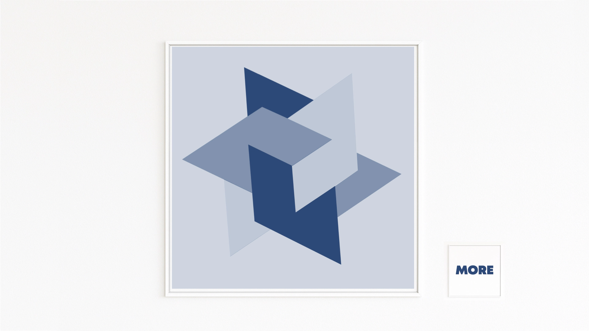 LEVEL features shifted, overlapping blue planes—crisp edges, shadows, spatial depth. Abstract geometry symbolising progress and new levels. Buy framed Fine Art Print. Online Shop.