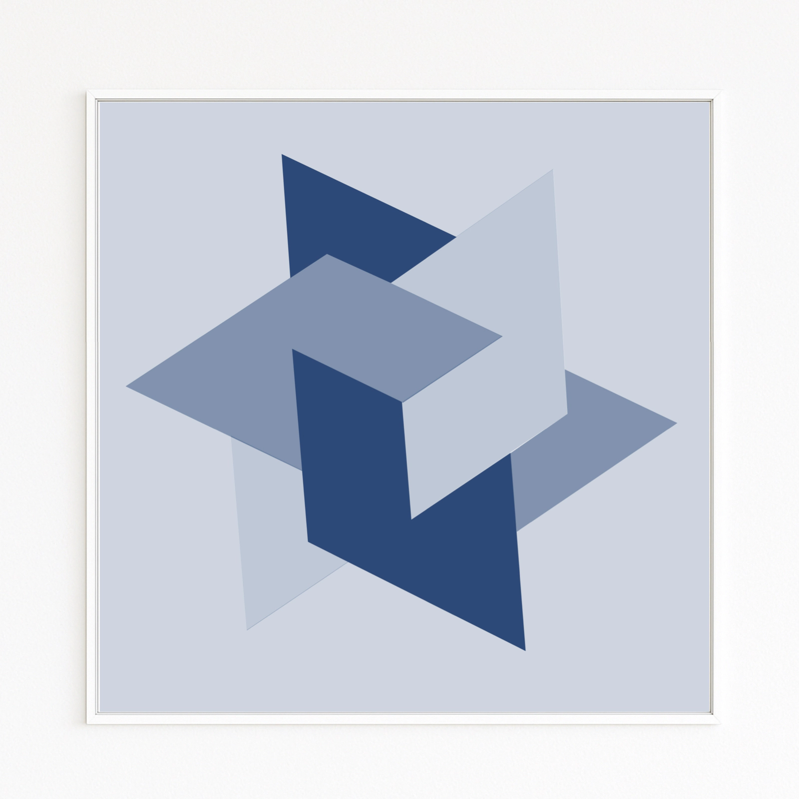 LEVEL features shifted, overlapping blue planes—crisp edges, shadows, spatial depth. Abstract geometry symbolising progress and new levels. Buy framed Fine Art Print. Online Shop.