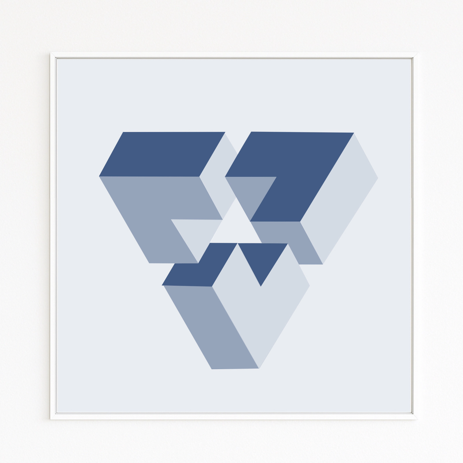 IRRITATION - Isometric, offset cuboids in blue; tilting edges create an optical illusion with light–shadow depth, a modern fine art print. Order Online direct