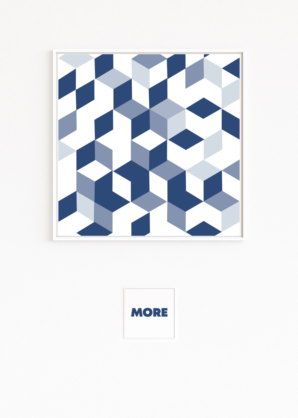 TRANSPARENT shows offset, half-open cube fragments in blue tones; overlapping geometry with viewports and modern depth; fine-art print on Hahnemühle, mounted on Alu-Dibond, Only Online