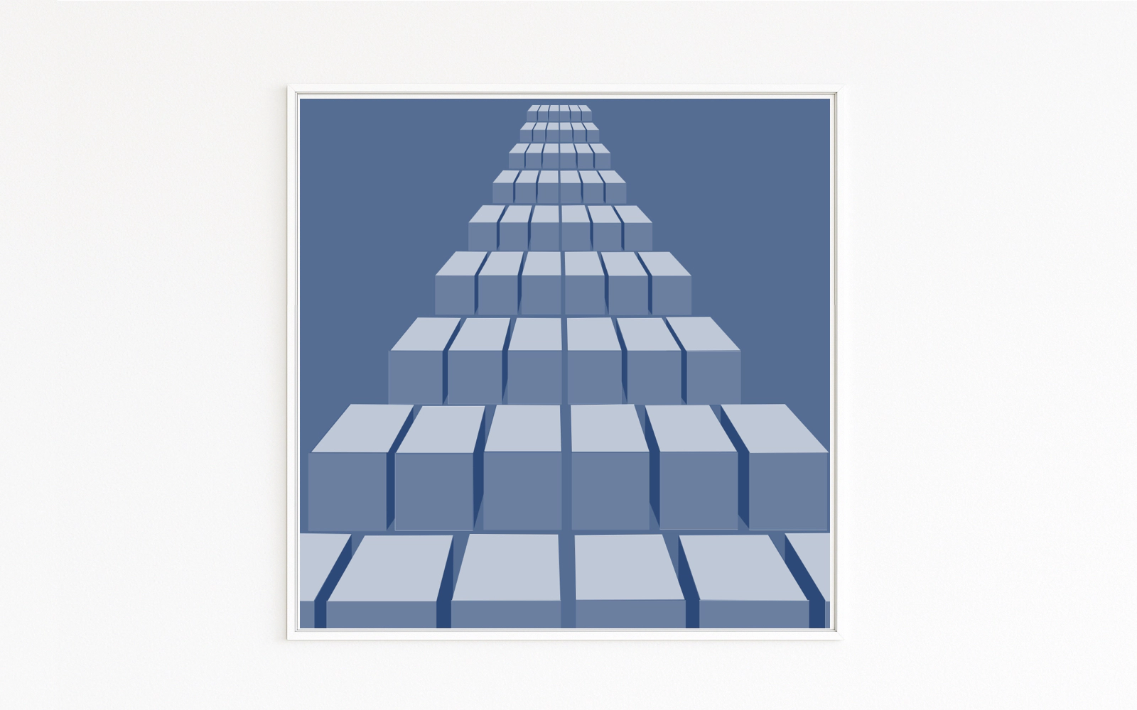 TIEFE gestaffelte Würfelreihen laufen perspektivisch in die Ferne; Volumen in hell/dunkel Blau. Fine-Art-Print auf Hahnemühle, Alu-Dibond, weiß gerahmt mit Schattenfuge.