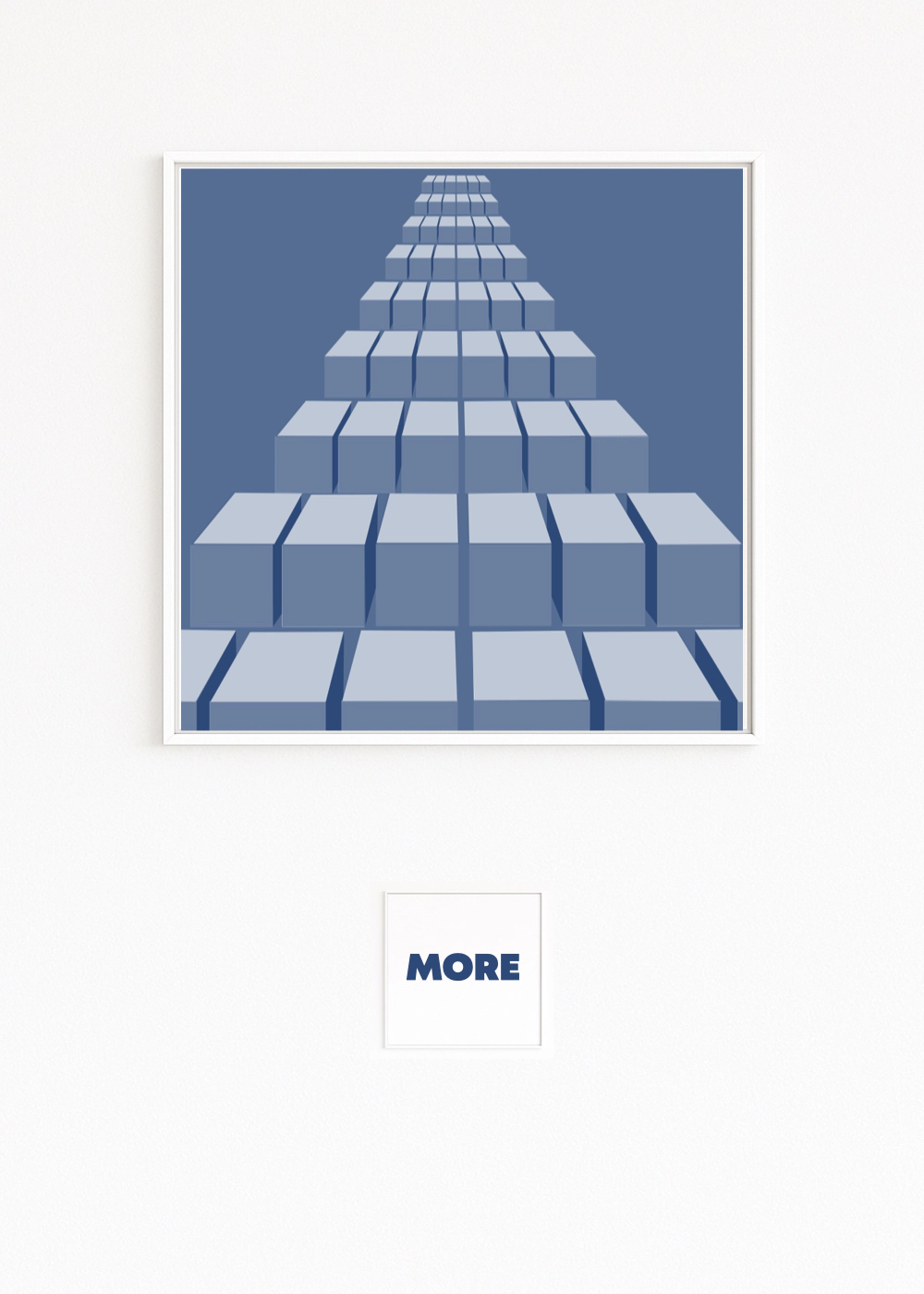 TIEFE gestaffelte Würfelreihen laufen perspektivisch in die Ferne; Volumen in hell/dunkel Blau. Fine-Art-Print auf Hahnemühle, Alu-Dibond, weiß gerahmt mit Schattenfuge.