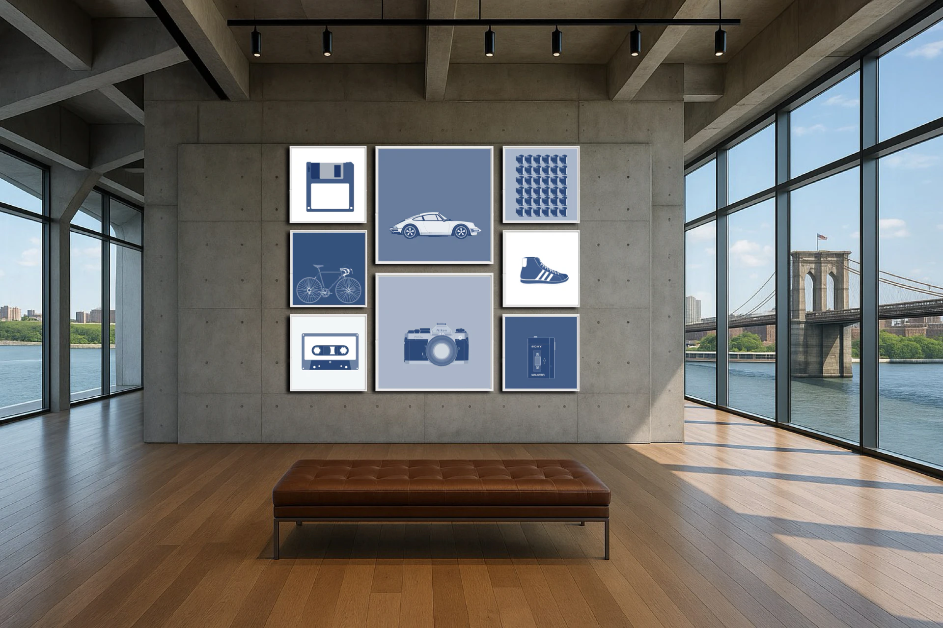 New York Hudson River | Brooklyn Bridge | Kunstserie | Positive Erinnerungskultur| Produkte | Nikon Adidas Porsche Tape Floppy Disc |Christof Hintze | 300+ Kunstwerke | Hochwertiger Weißer Schattenfugen-Holzrahmen