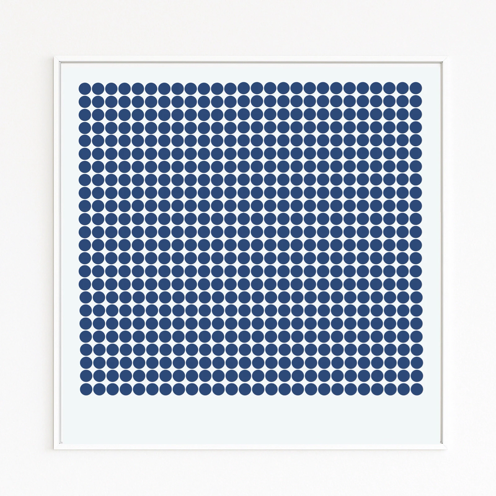ARRANGEMENT shows a square of hundreds of identical blue circles in a precise grid; minimalist order and repetition. Fine-art print on Hahnemühle, Alu-Dibond, order only online