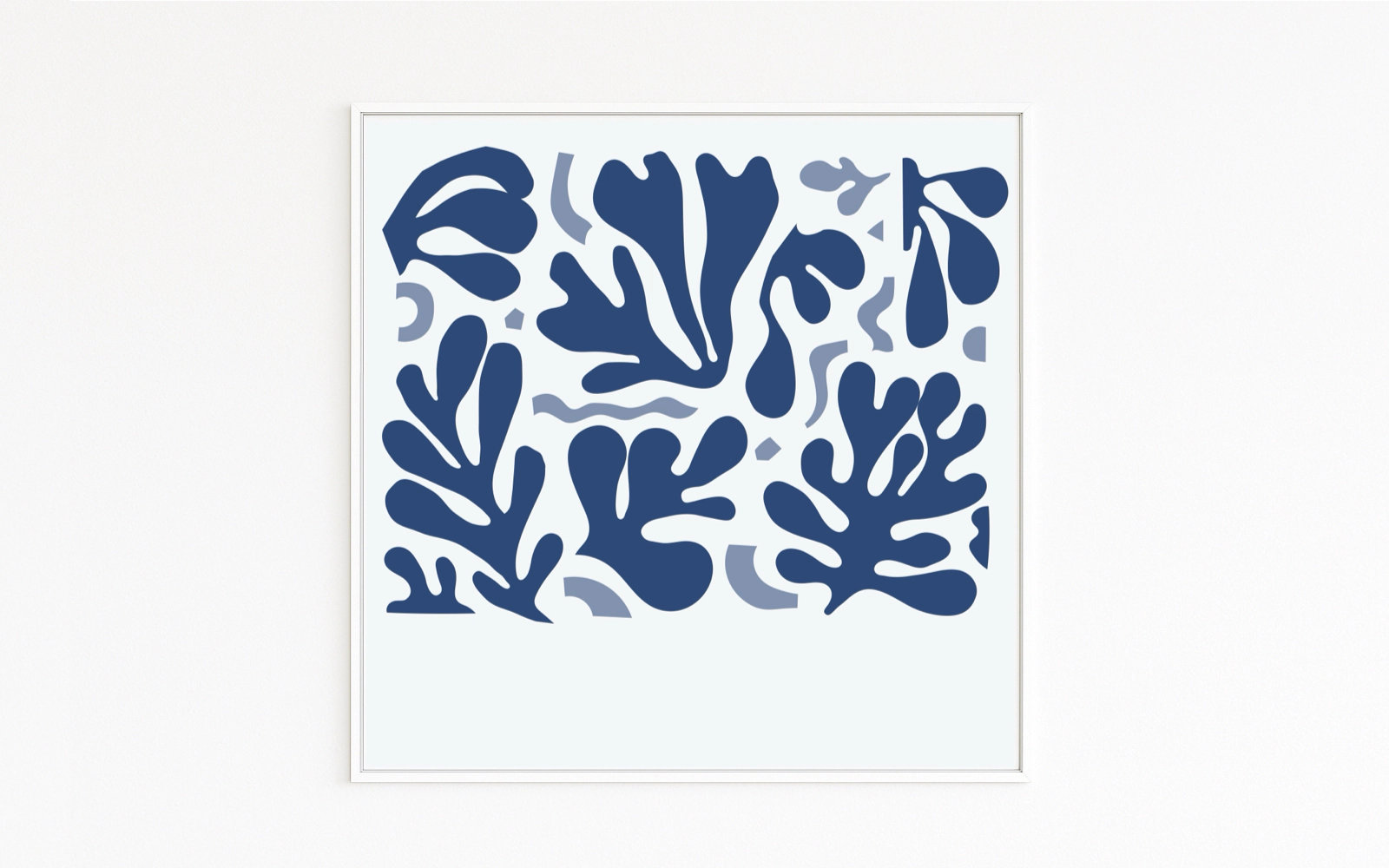 MATISSE shows abstract, plant-like paper-cut forms in monochrome blue on a light ground; rhythmic, modern composition. Fine-art print on Hahnemühle, Alu-Dibond, Buy only online