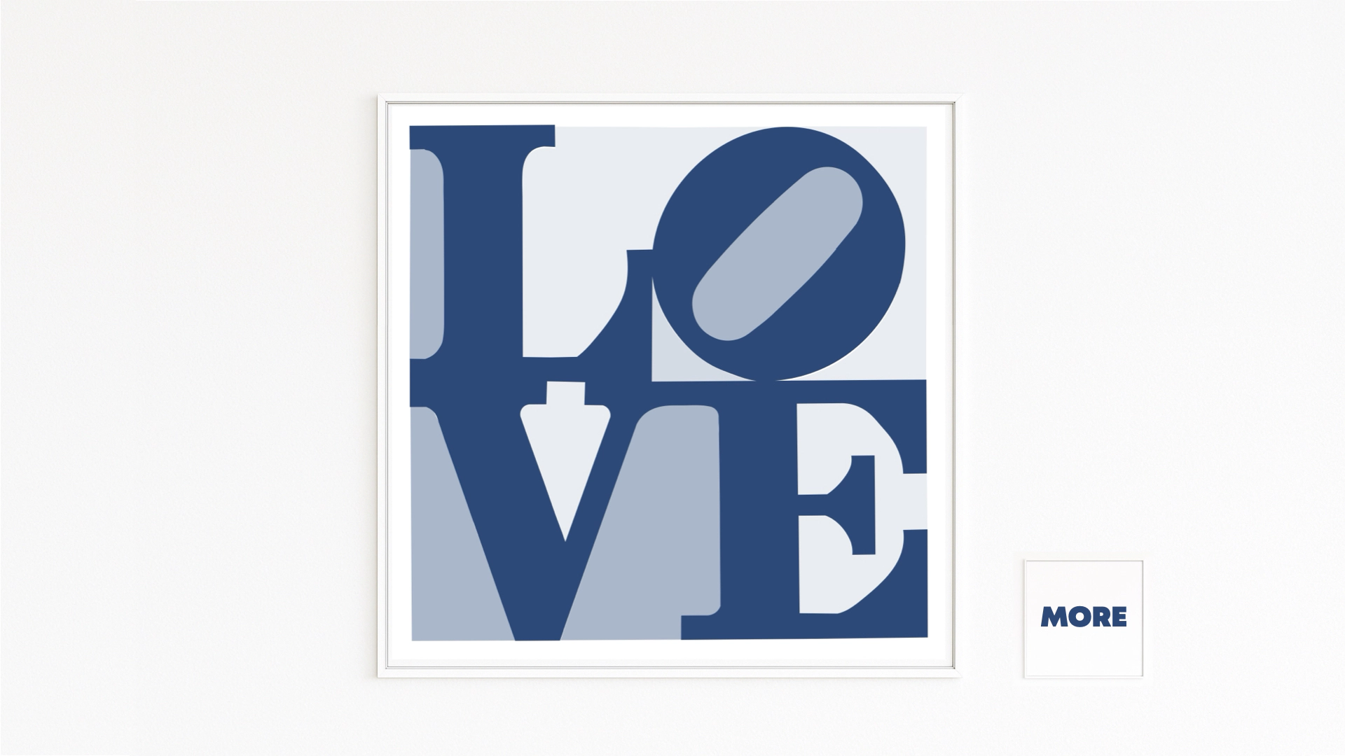 INDIANA INSPIRATION: LOVE motif in blue tones, iconic and timeless. Hahnemühle/Alu-Dibond fine art print, white framed, buy online.