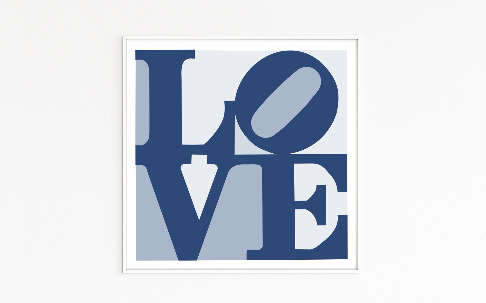 INDIANA INSPIRATION: LOVE motif in blue tones, iconic and timeless. Hahnemühle/Alu-Dibond fine art print, white framed, buy online.