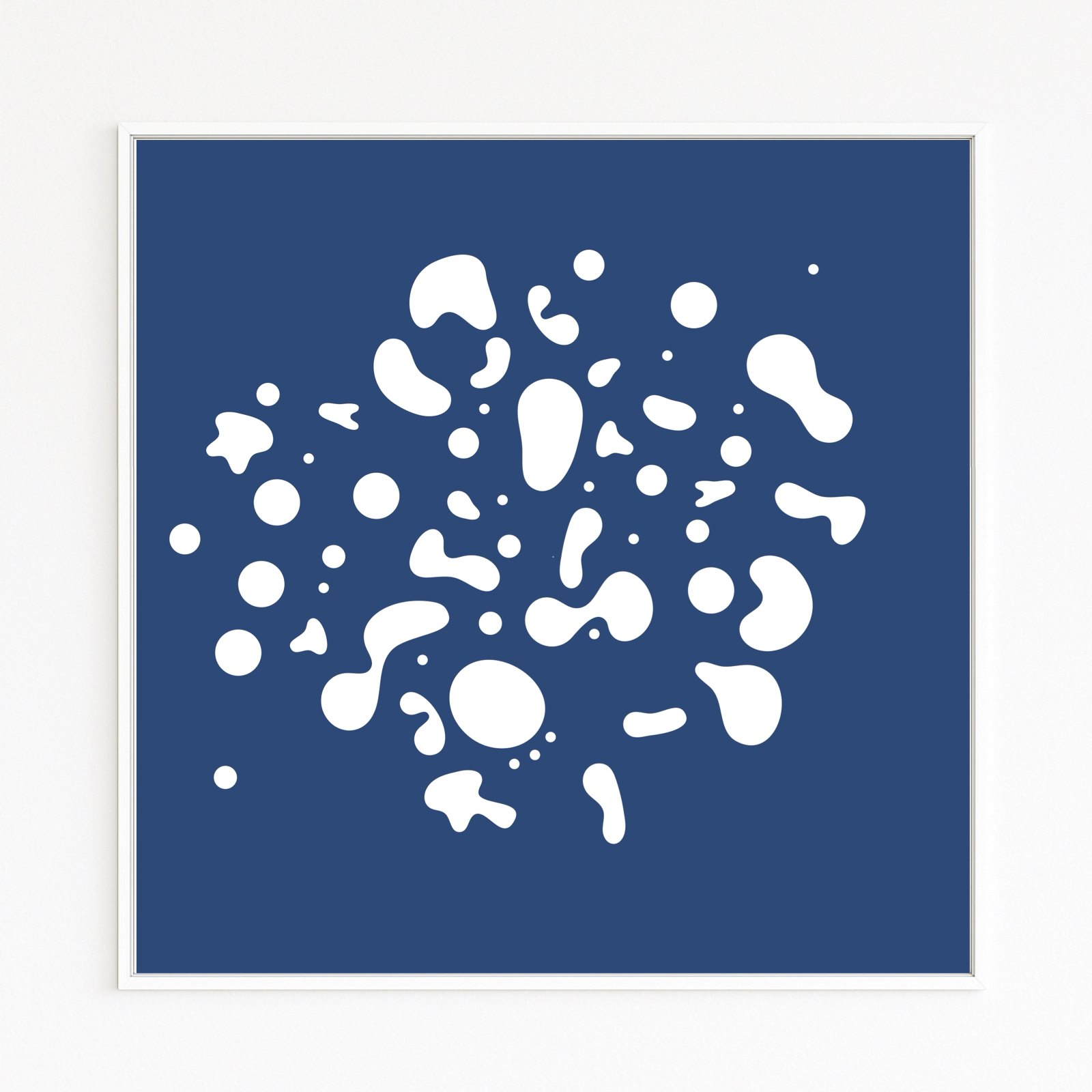 DROPS: white, organic drops/splashes on deep-blue ground, minimalist and graphic; fine-art print on Hahnemühle, Alu-Dibond, white frame with shadow gap. Only Online.