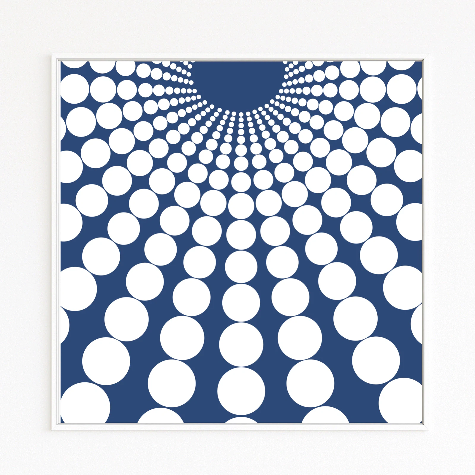 SPECTRUM: concentric rows of white circles on deep-blue ground with strong vortex/spatial depth; Hahnemühle fine-art print on Alu-Dibond, white frame with shadow gap.Online webshop