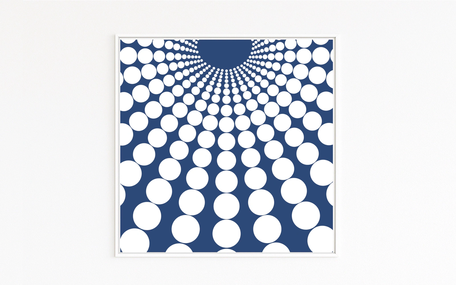 SPECTRUM: concentric rows of white circles on deep-blue ground with strong vortex/spatial depth; Hahnemühle fine-art print on Alu-Dibond, white frame with shadow gap.Online webshop