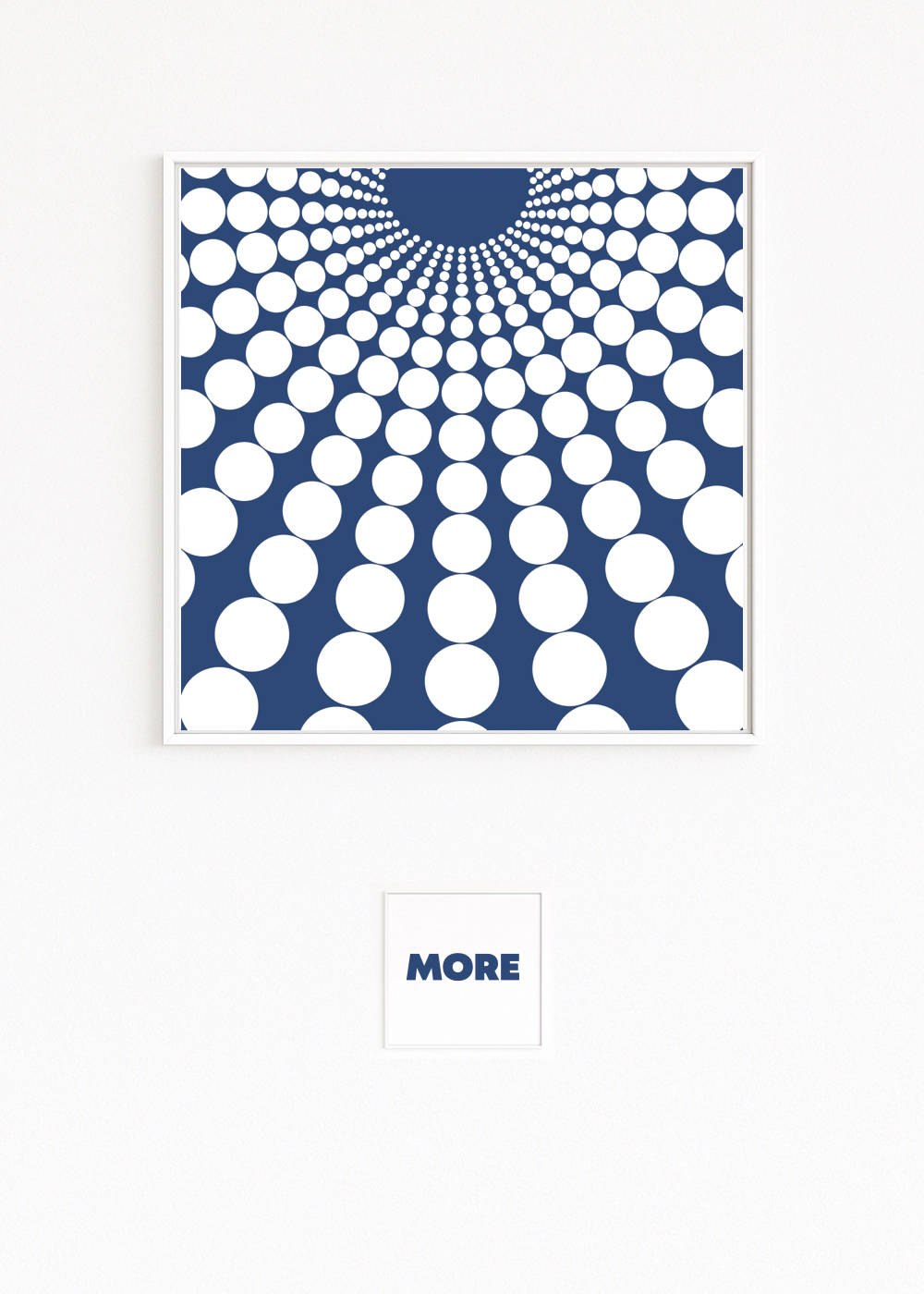 SPECTRUM: concentric rows of white circles on deep-blue ground with strong vortex/spatial depth; Hahnemühle fine-art print on Alu-Dibond, white frame with shadow gap.Online webshop