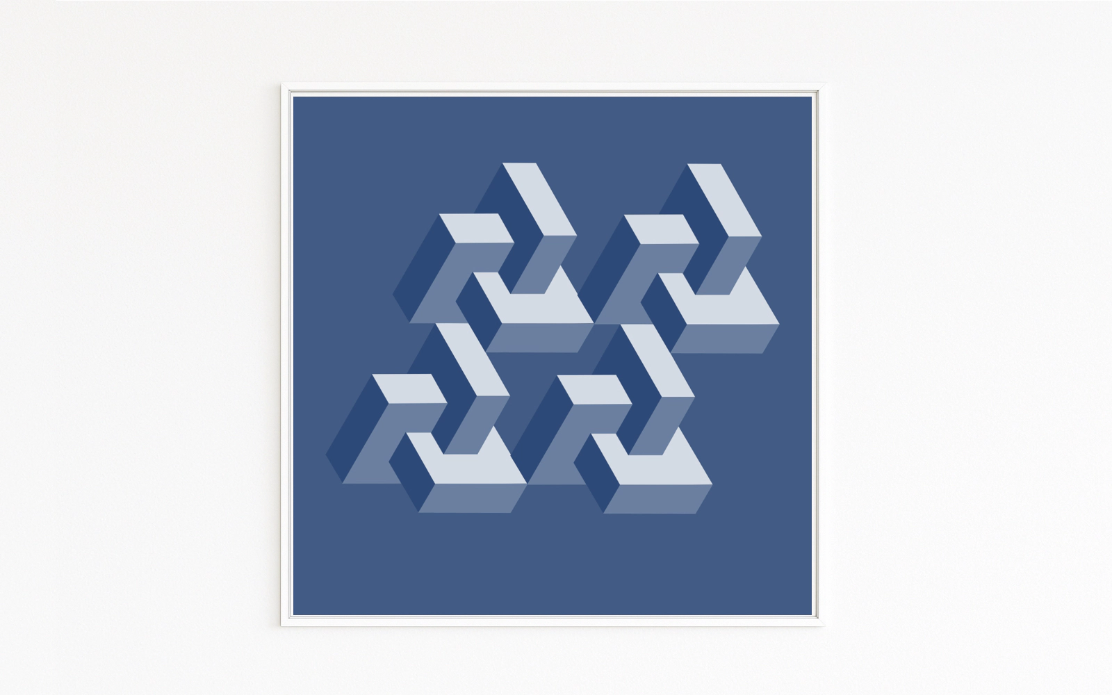FLYING OBJECTS: interlocked, floating 3D beams in blue tones with long shadows, Escher-like; Hahnemühle fine art print on Alu-Dibond, white frame with shadow gap. Online shop