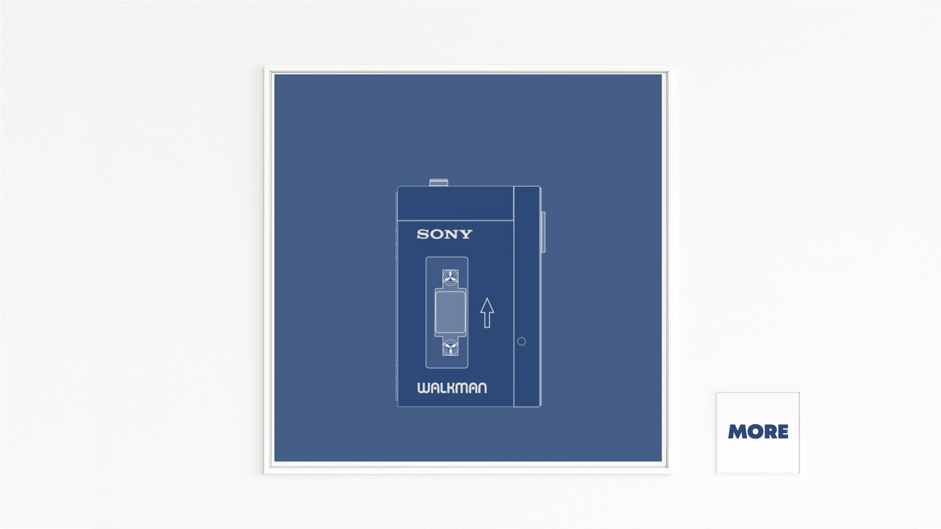 Minimalistischer WALKMAN als Linienzeichnung in Blautönen, tragbarer Kassettenspieler der 80er Jahre, Retro-Design als hochwertiger Fine Art Print.