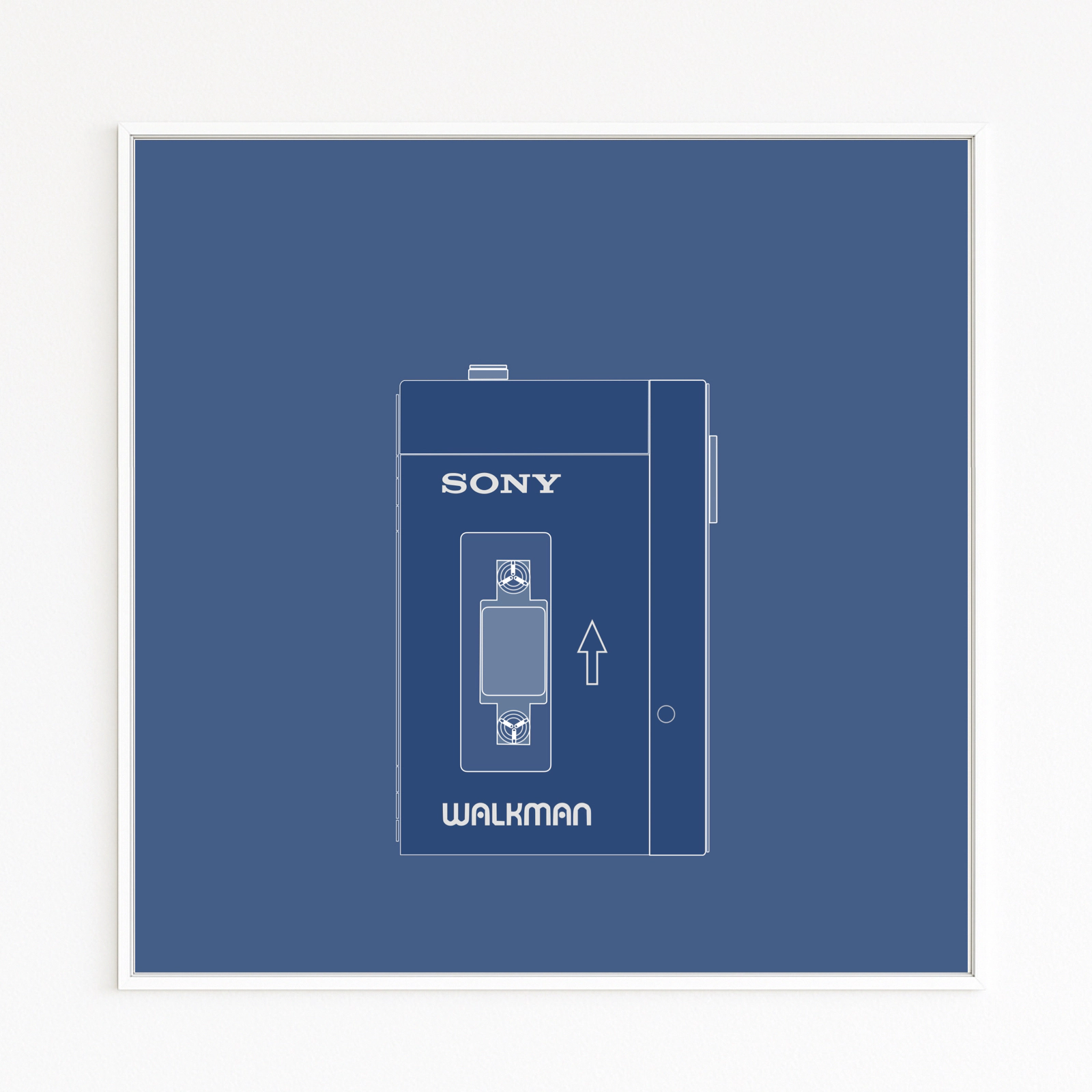 Minimalistischer WALKMAN als Linienzeichnung in Blautönen, tragbarer Kassettenspieler der 80er Jahre, Retro-Design als hochwertiger Fine Art Print.