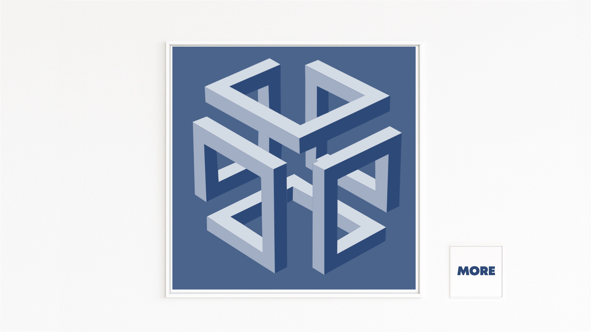 CAGE: vier verschränkte Penrose-Rahmen als schwebendes kubisches Gitter in Blautönen; Licht-/Schatten-Kontrast, optische Paradoxie. Fine-Art-Print auf Hahnemühle, Alu-Dibond, weiß gerahmt mit Schattenfuge.