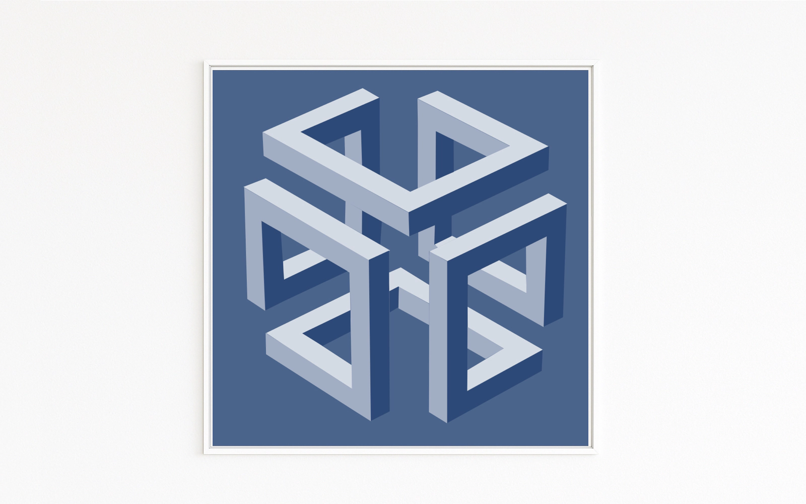 CAGE: four interlocked Penrose frames forming a floating cubic lattice in blue tones; light–shadow contrast, optical paradox. Fine art print on Hahnemühle, Alu-Dibond, direct sale online