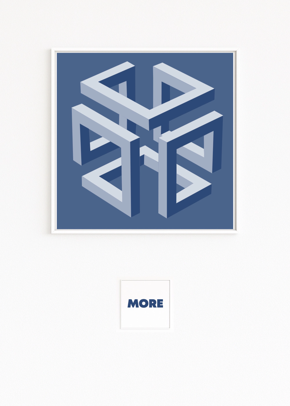 CAGE: four interlocked Penrose frames forming a floating cubic lattice in blue tones; light–shadow contrast, optical paradox. Fine art print on Hahnemühle, Alu-Dibond, direct sale online