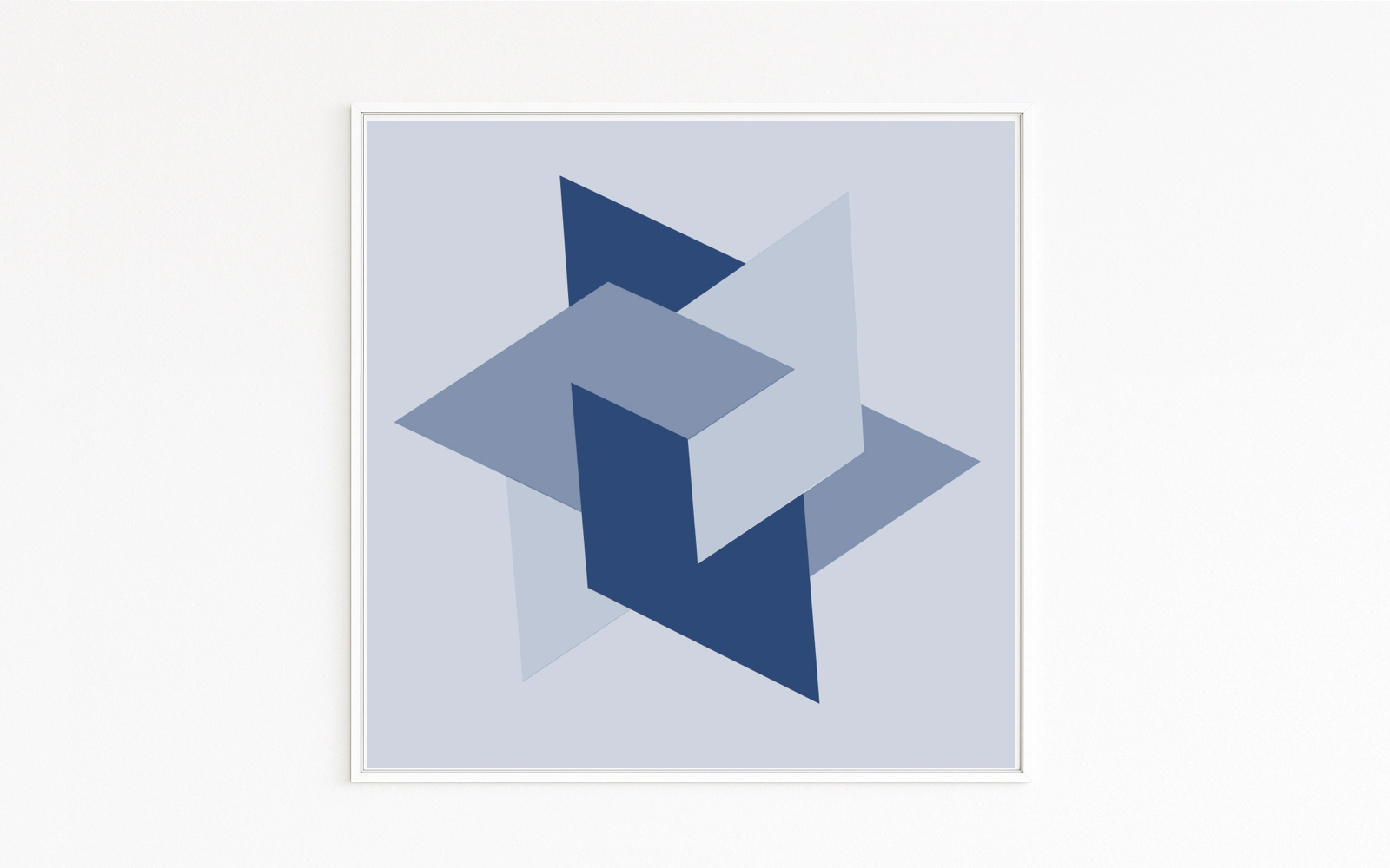LEVEL zeigt verschobene, überlagerte Flächen in Blau – klare Kanten, Schatten, räumliche Tiefe. Abstrakte Geometrie als Symbol für Fortschritt und neue Ebenen. Als hochwertig gerahmter Fine Art Print direkt kaufen.