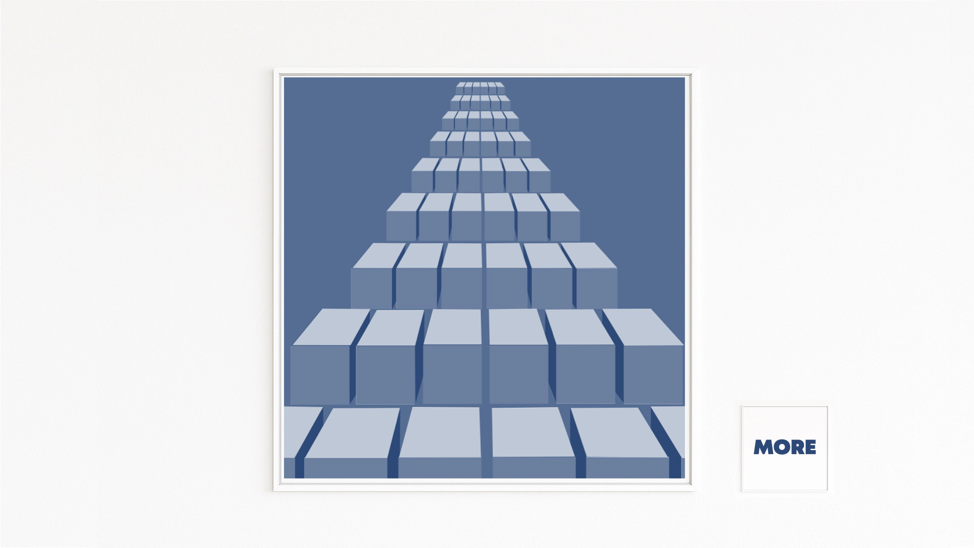 DEPTH: layered cube rows receding into the distance; volumes in light/dark blue. Hahnemühle fine-art print mounted on Alu-Dibond, white frame with shadow gap. Online Store