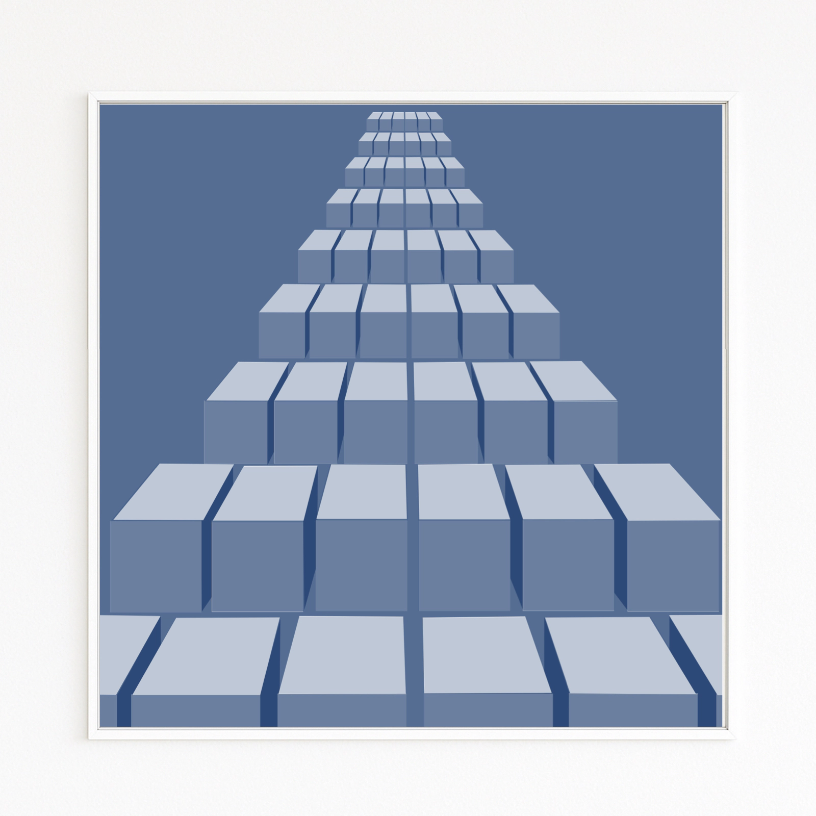TIEFE gestaffelte Würfelreihen laufen perspektivisch in die Ferne; Volumen in hell/dunkel Blau. Fine-Art-Print auf Hahnemühle, Alu-Dibond, weiß gerahmt mit Schattenfuge.