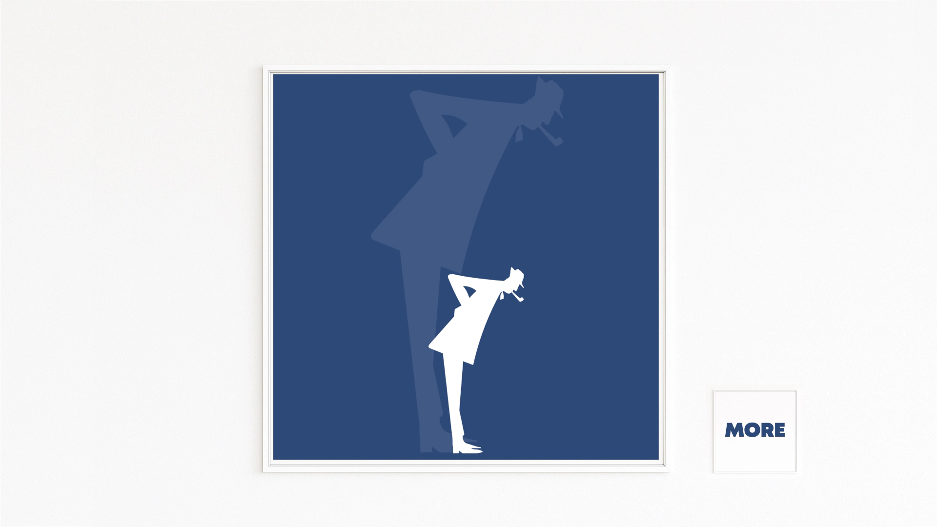 TATI: white silhouette with pipe and tilted gaze on deep-blue ground; large blue cast shadow. Hahnemühle fine-art print on Alu-Dibond, white frame with shadow gap. Online Gallery