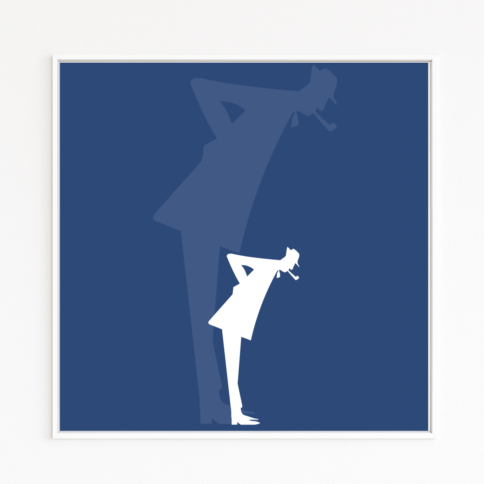 TATI: white silhouette with pipe and tilted gaze on deep-blue ground; large blue cast shadow. Hahnemühle fine-art print on Alu-Dibond, white frame with shadow gap. Online Gallery