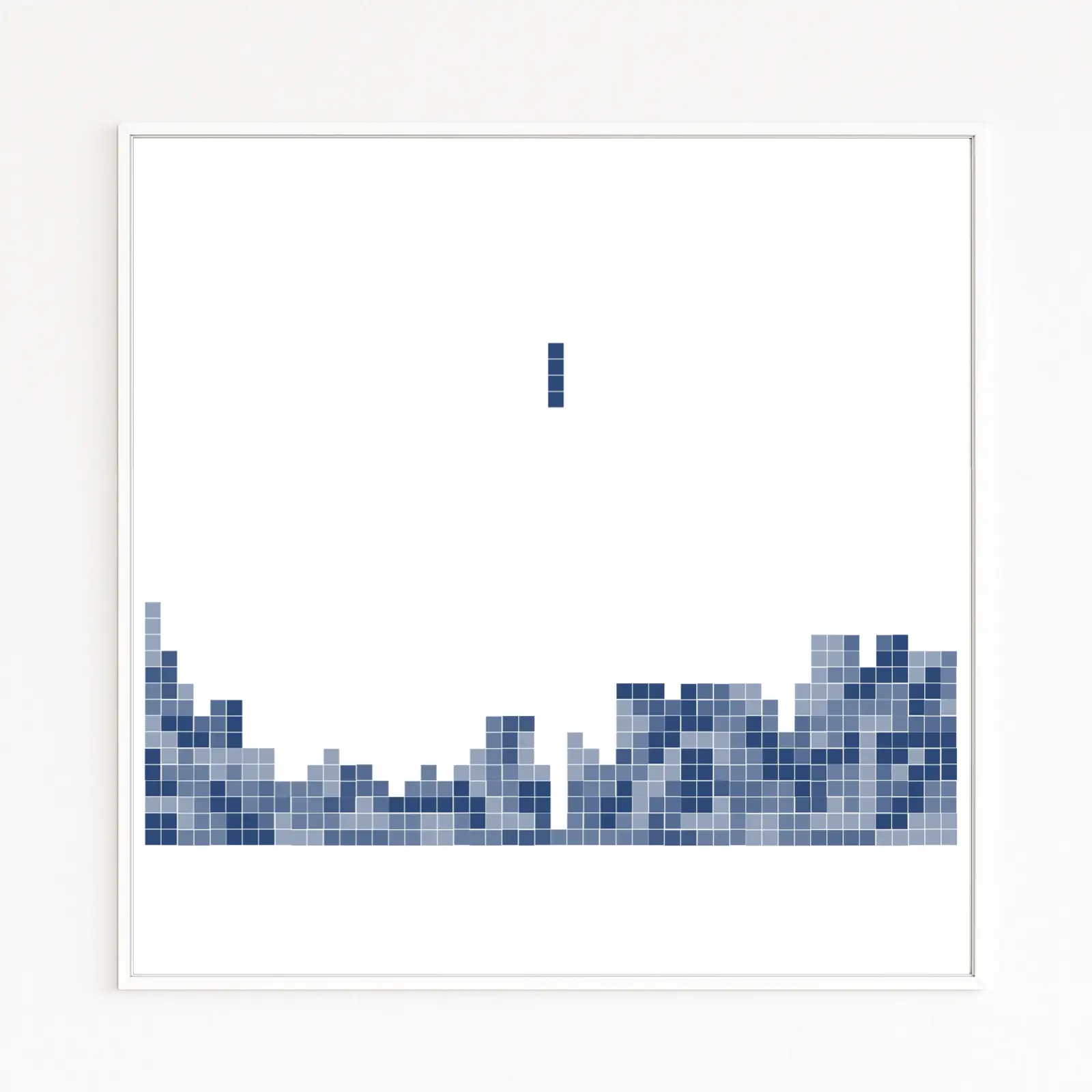 TETRIS | Das Computerspiel zeigt einen herabfallenden Block über einer gestapelten Pixel-Skyline in Blautönen | Ein Gaming-Moment zwischen Entscheidung, Bewegung und Möglichkeit | Pixel-Nostalgie trifft auf Systematik und klare Struktur | Blaue Kunst | Blaue Serie 