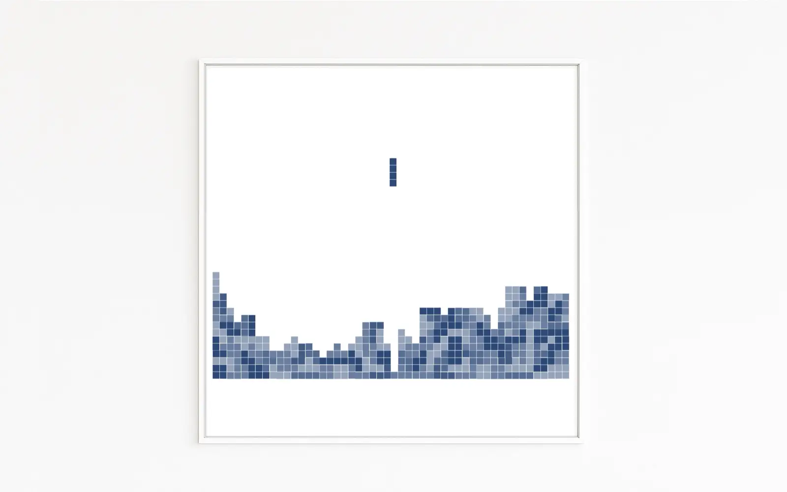 TETRIS | The computer game depicts a falling block above a stacked pixel skyline in blue tones | A gaming moment between decision, movement, and possibility | Pixel nostalgia meets systematics and clear structure | Blue art | Blue series