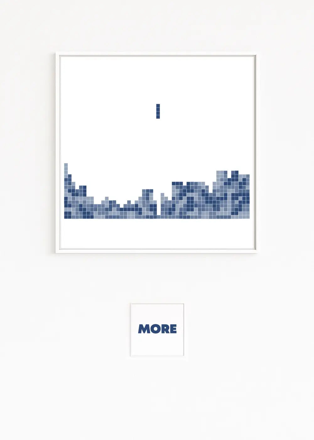 TETRIS | The computer game depicts a falling block above a stacked pixel skyline in blue tones | A gaming moment between decision, movement, and possibility | Pixel nostalgia meets systematics and clear structure | Blue art | Blue series