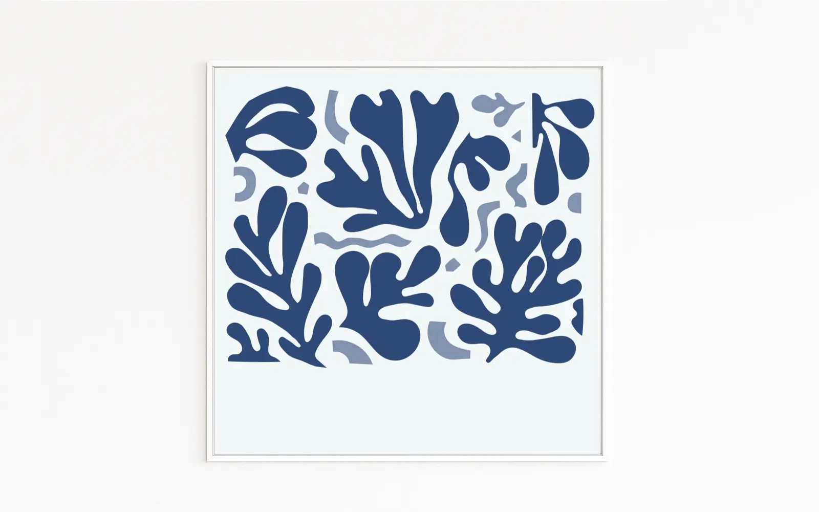 MATISSE | Henri Matisse-inspired reduced, minimalist, abstract plant-like paper-cut forms in monochrome blue on a light background | Rhythmic, modern composition | Exclusive fine art print on Hahnemühle Fine Art, 2 mm Alu-Dibond, white frame with shadow gap | Available online only