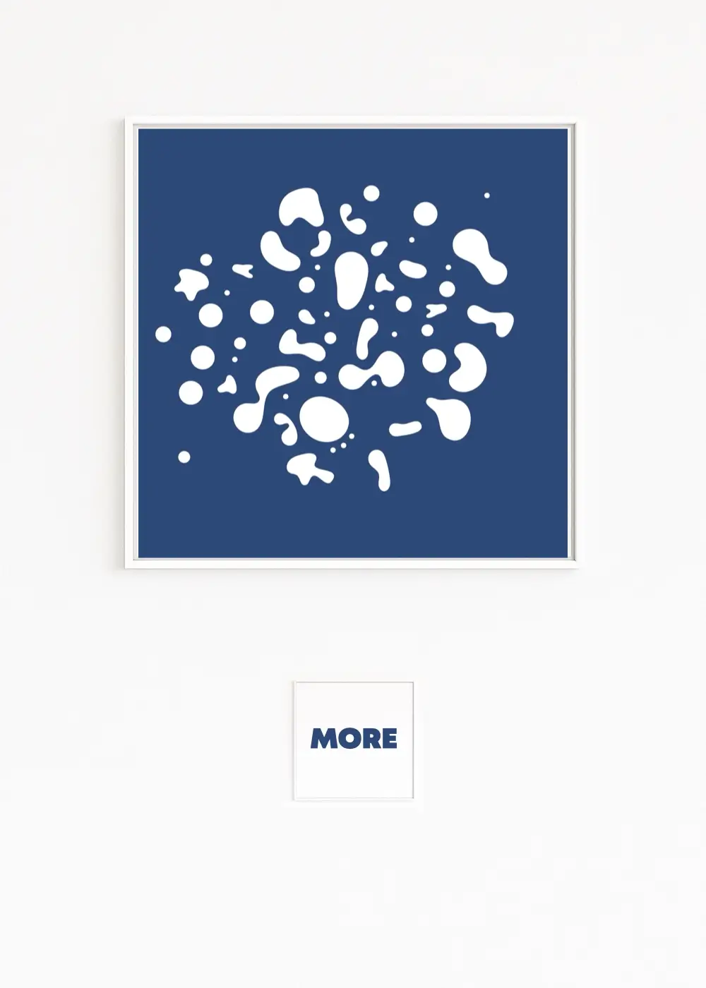 DROPS White, organic drops | splashes on a deep blue background, minimalist and graphic; fine art print on Hahnemühle paper, mounted on Alu-Dibond, white shadow-gap frame.