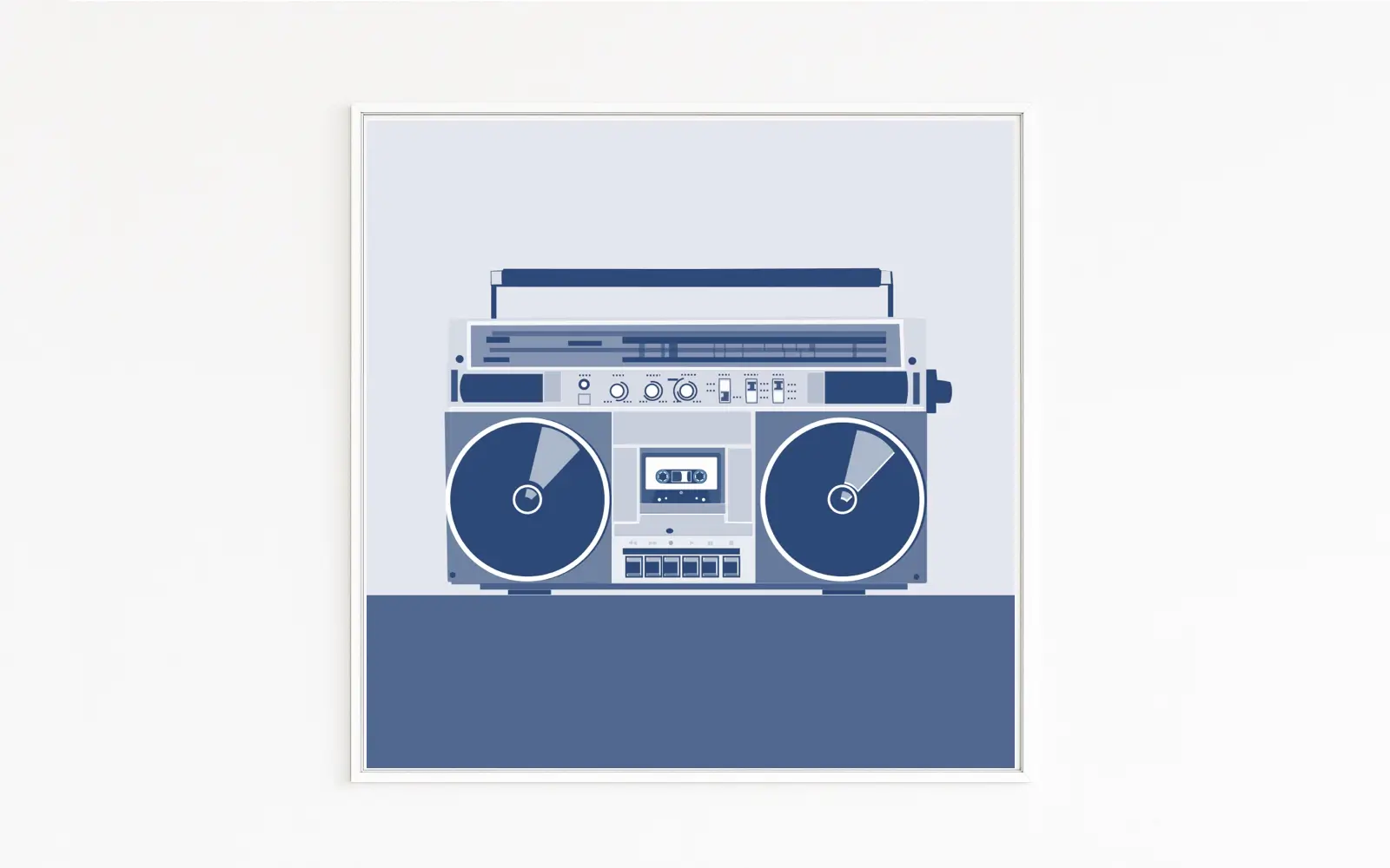 GHETTOBLASTER das Bild aus der blauen Serie zeigt eine ikonische 80er-Ghettoblaster (Boombox) | Kassettendeck, Radio, Regler, große Speaker| Ikonisches Symbol urbaner Jugendkultur, Graffiti, Skateboard, Rap Musik und Breakdance