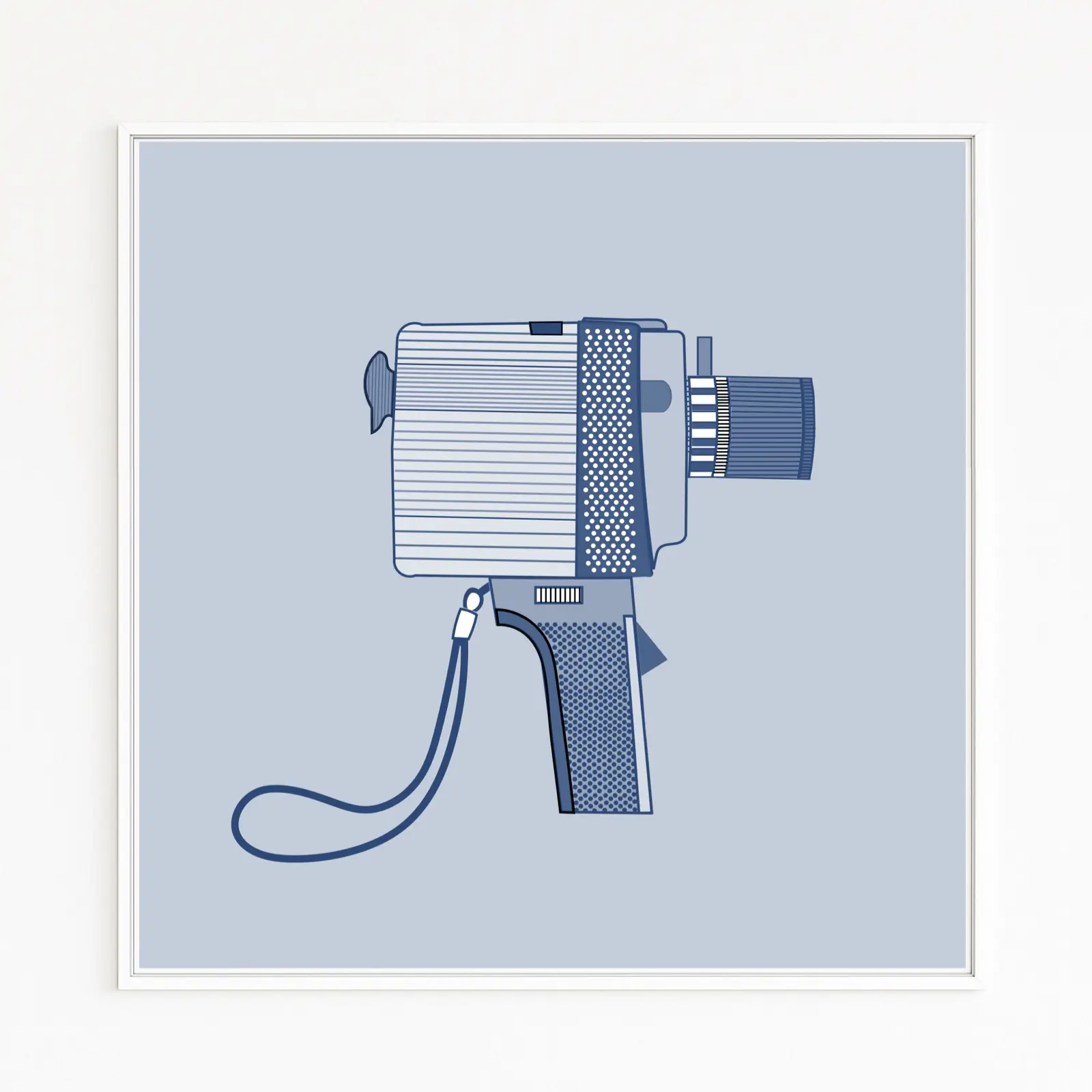 SUPER 8 | Zeigt eine stilisierte Super-8-Kamera in Blautönen | Retro-Produktdesign der 60er- und 70er-Jahre | Individuelles, passendes Bildformat | Bequem direkt beim Künstler online bestelle